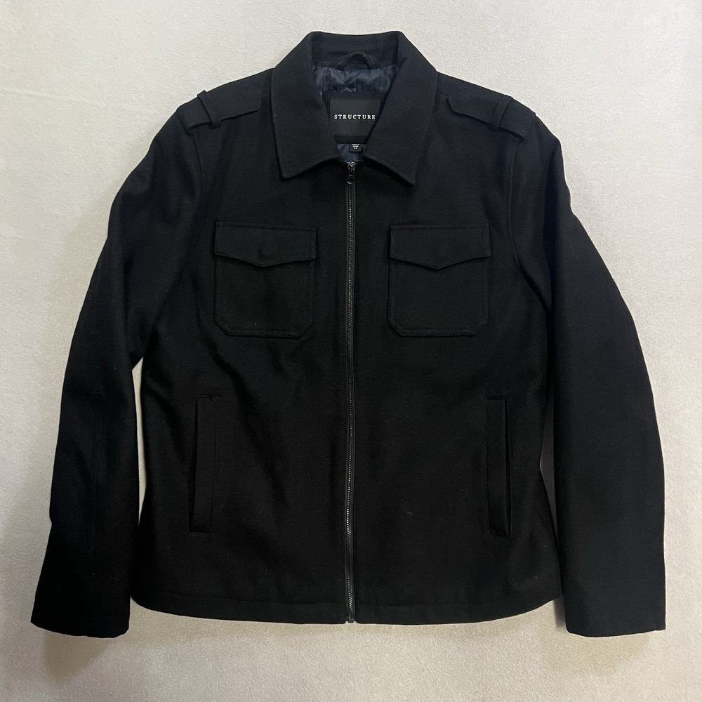 Structure Wool Blend Jacket Men's Size Large Black Full Zip Quilt Lined